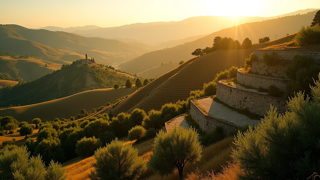 Terrazze costruite con muri di pietra che sostengono olivi sulla collina toscana al tramonto