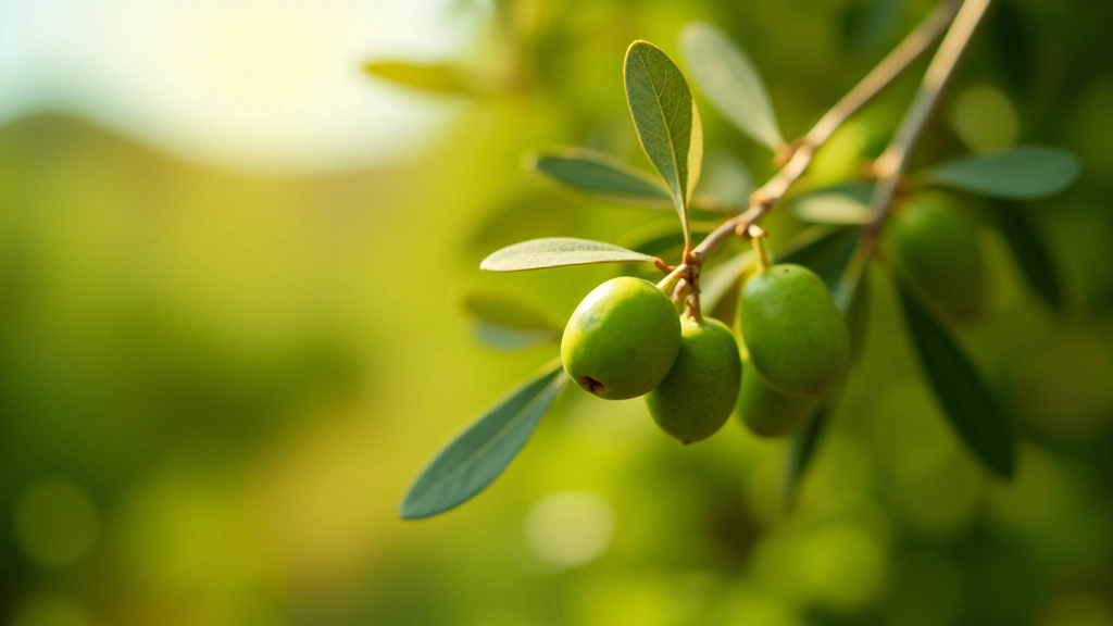Primo piano di un ramo di ulivo carico di olive mature, foglie argentate al sole
