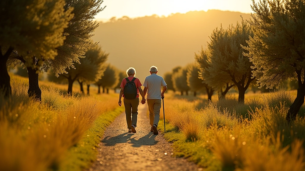 Coppia di pensionati che cammina tra gli oliveti