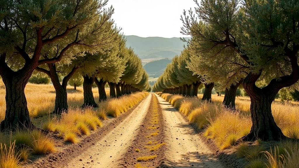 Sentiero sterrato tra ulivi nodosi con ombre lunghe del pomeriggio, superficie piana e facile, paesaggio collinare in background