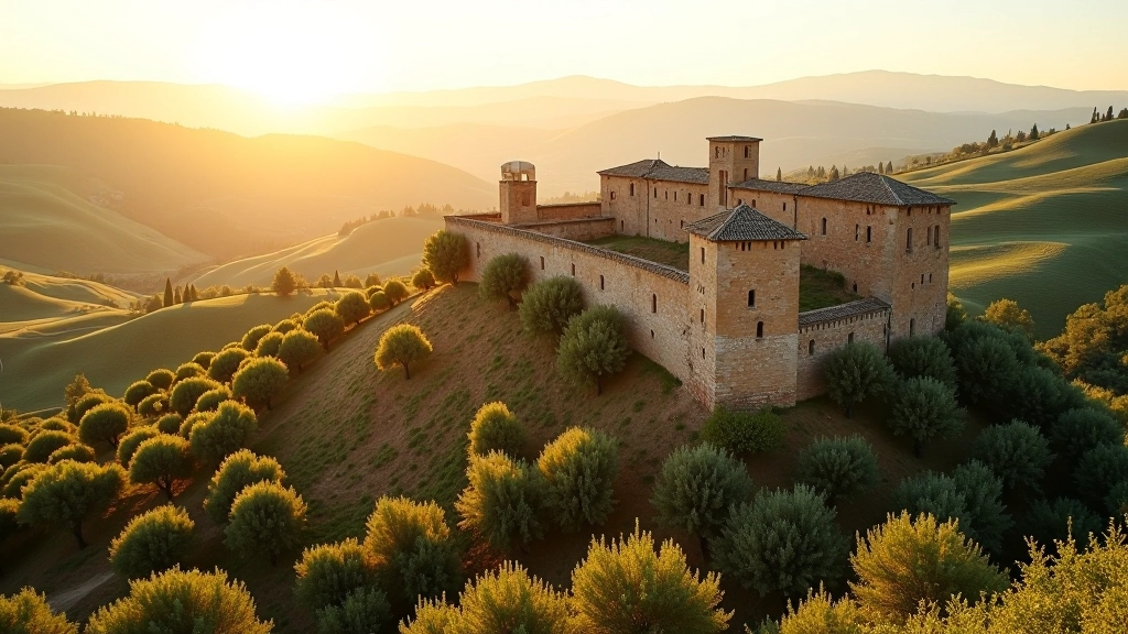 Resti di un castello medievale in pietra circondato da uliveti, vista panoramica sulla campagna toscana al tramonto