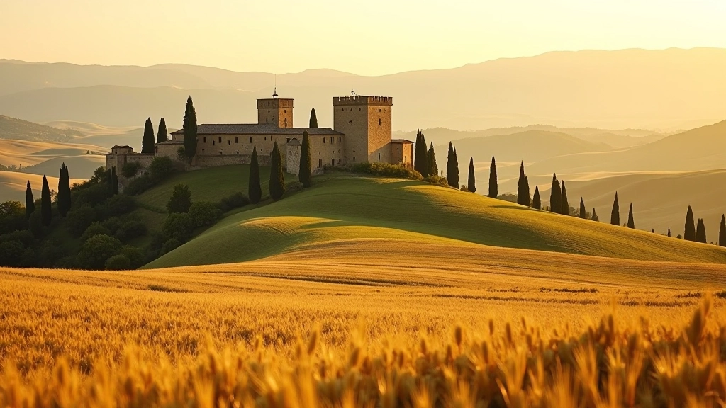 Rocca medievale in pietra su una collina toscana circondata da campi di grano, vista panoramica della Val d'Orcia