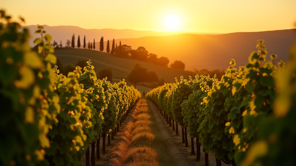 Vigneto tradizionale toscano con filari di viti e colline sullo sfondo al tramonto