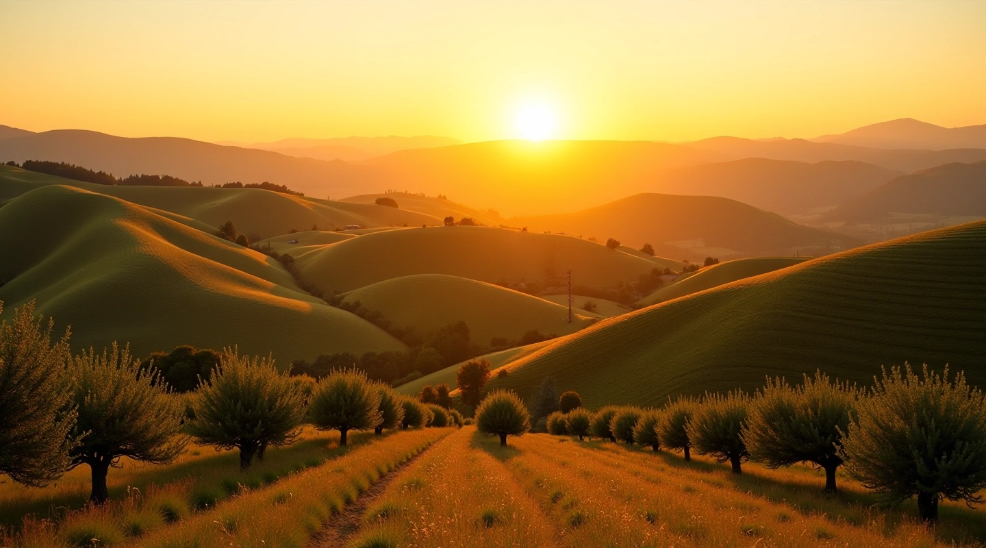 Paesaggio toscano con ulivi e vigneti sulle colline di Siena al tramonto dorato